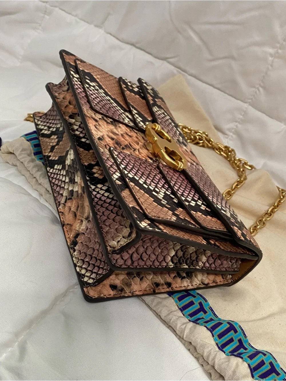 NWOT Tory Burch Pink Python Crossbody Bag Chain Strap Gemini Link Gold Hardware